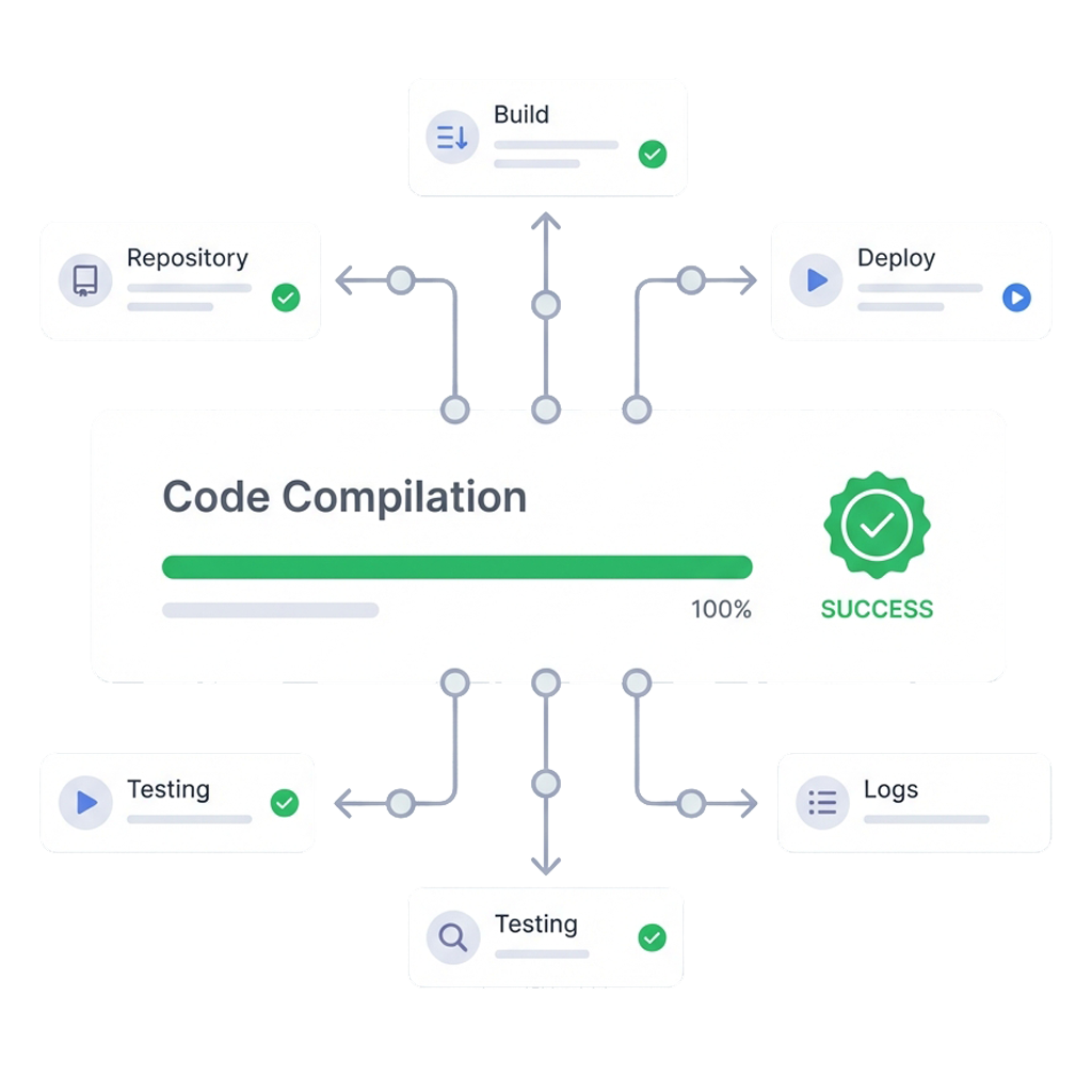 3D metallic code nodes and glass-textured architecture